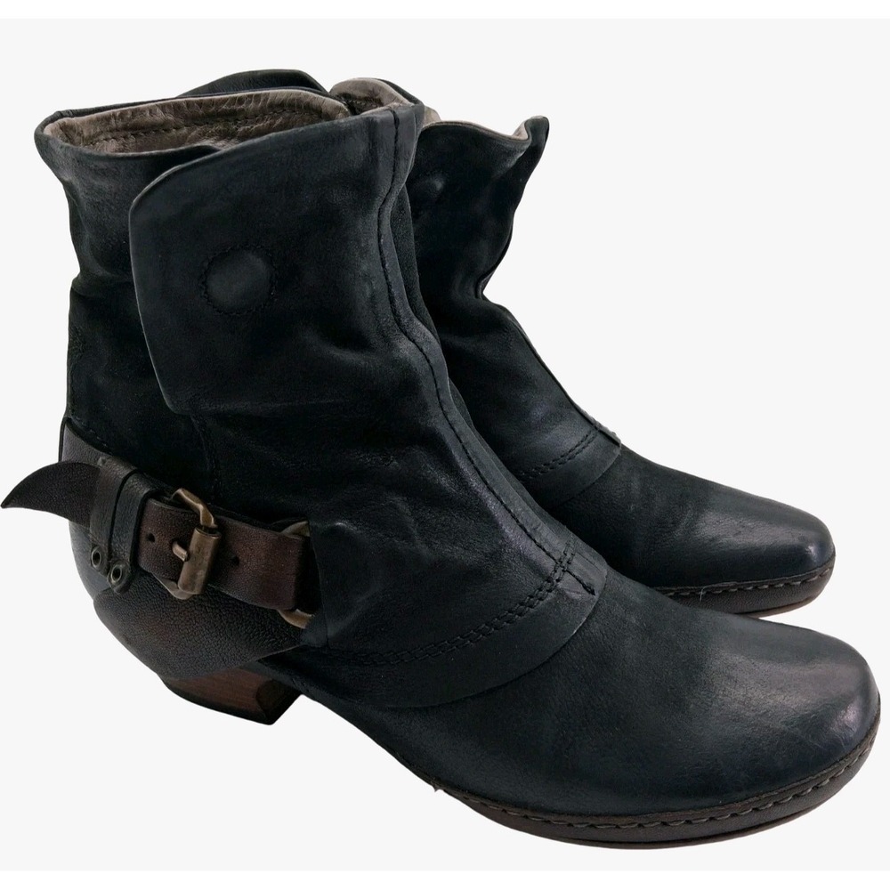 A.S.98 Boots Womens Size 6.5 Black Leather Ankle Buckle Zip Biker Heel Booties